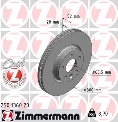 ZIMMERMANN 250.1360.20 Fren Diski On Ford Mondeo Iv S-Max . Land Rover Freelander Ii L359 Range Rover Evoque L538