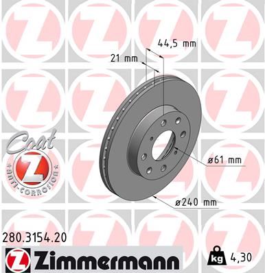 ZIMMERMANN 280.3154.20 Ön Fren Diski Hava Kanalli Honda Civic 1.5l 1.6l D15b D16a Si Eg Eh Kasa 92-95 / Civic Euro 1.4l D14a Ma Ej El Kasa 96-00 240 Çap X 4 Bijon - Adet Disk Fiyatıdır