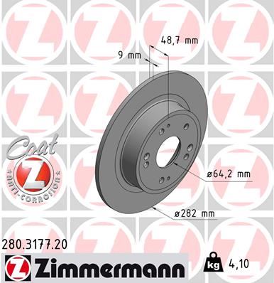 ZIMMERMANN 280.3177.20 Arka Fren Diski Dolu Tip Honda Accord 2.0l R20a3 Cu1 Kasa 08-15 282 Çap X 5 Bijon - Adet Disk Fiyatıdır