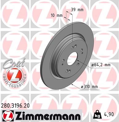 ZIMMERMANN 280.3196.20 Arka Fren Diski Dolu Tip Honda Cr-V 1.5l L15b Rw Kasa 17-> / 1.5l L15be Rs2 Kasa 23-> 310 Çap X 5 Bijon - Adet Disk Fiyatıdır