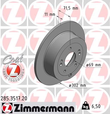 ZIMMERMANN 285.3517.20 Arka Fren Diski Dolu Tip Hyundai Santa Fe 2.2l D4eb 06-12 302 Çap X 5 Bijon - Adet Disk Fiyatıdı R