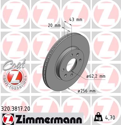 ZIMMERMANN 320.3817.20 Ön Fren Diski Hava Kanalli Kia Picanto 1.0l G3la G3ld 17-> 1.2l G4lf 20-> 256 Çap X 4 Bijon - Ad Et Disk Fiyatıdır