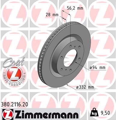 ZIMMERMANN 380.2116.20 Ön Fren Diski Hava Kanalli Mitsubishi Pajero 3.2l 4m41 V98w 07-> 332 Çap X 6 Bijon - Adet Disk F Iyatıdır