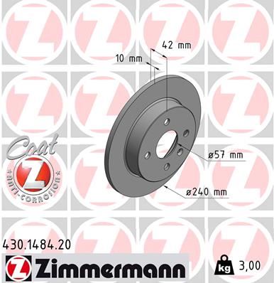 ZIMMERMANN 430.1484.20 Arka Fren Aynasi Astra G 98 > - Astra H 04 > Meriva A 03 > 240x10x4dl Dolu 9117771-90498304-24432189