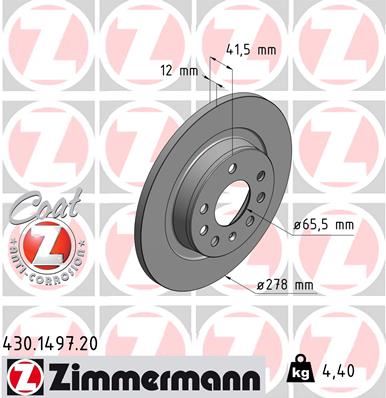 ZIMMERMANN 430.1497.20 Arka Fren Aynasi Vectra C 02> Signum 03> Saab 9.3 02> Croma 05> 278x12x5dl Dolu