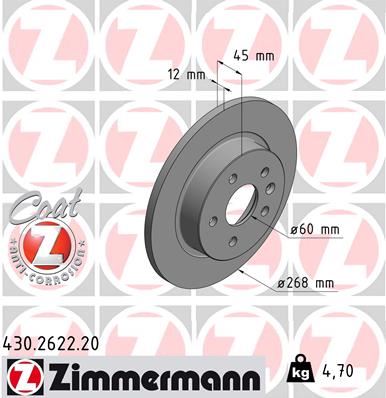 ZIMMERMANN 430.2622.20 Arka Fren Aynasi Astra J 09 > Mokka 13 > Cruze 09 > Aveo 11> Trax 12> 268.5x12x5dl Dolu 569074-95527032-95527032