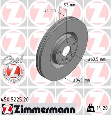 ZIMMERMANN 450.5225.20 Fren Diski On 18 Inc Discovery Sport L550 14> Range Rover Evoque L538 11>19 Jaguar E-Pace X540