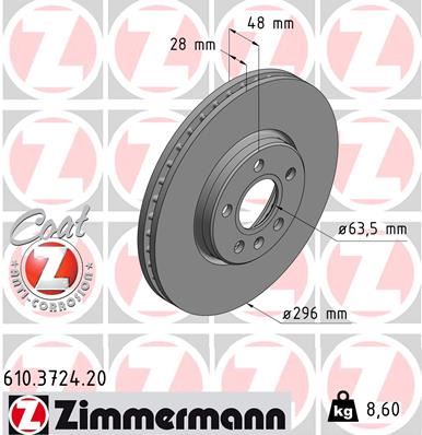 ZIMMERMANN 610.3724.20 Fren Diski Ön Volvo S90-V60-V90 20> Diş Çap: 296mm