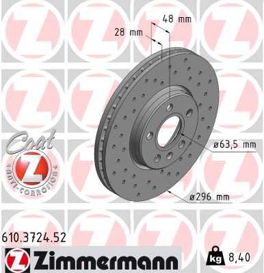 ZIMMERMANN 610.3724.52 Fren Diski Ön Volvo S90-V60-V90 20> Diş Çap: 296mm Delikli Adet