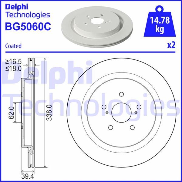 DELPHI BG5060C Fren Diski Çiftli Paket - Boyali. Deliksiz Arka Rx 200t.Rx 300.Rx 350.Rx 450h 10/2015>