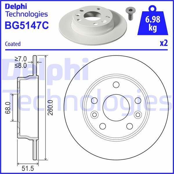 DELPHI BG5147C Arka Fren Diski Renault Megane Iv 16> Captur Ii 20> 260x51.5x68 5 Delik