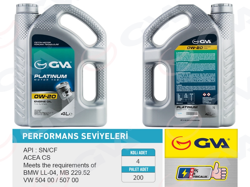 GVA 9920856 Motor Yaği 4 Lt 0w20 Tam Sentetik Api Sn Hibrit Araçlar İçin