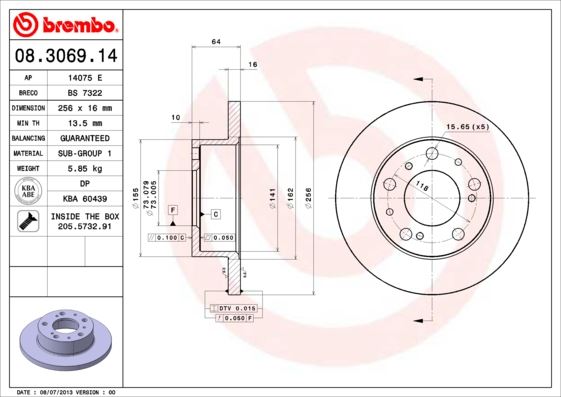 BREMBO 08306914 Ön Fren Aynasi Peugeot J5 86>94 Citroen C25 81>94 Fiat Ducato 82>90 Dolu 256x73x5dl