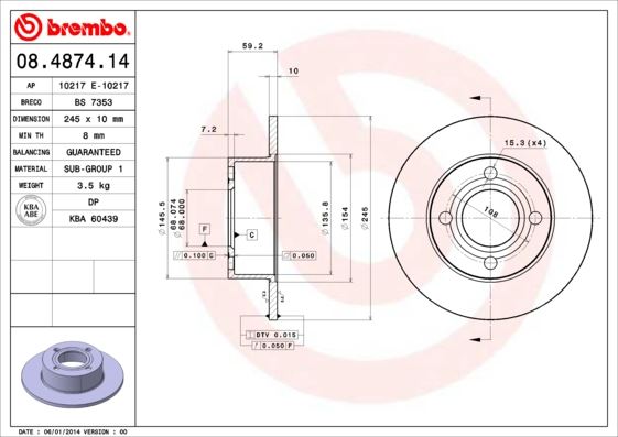 BREMBO 08487414 Fren Diski Arka Duz 245 Mm Audi 80 1.6 1.8