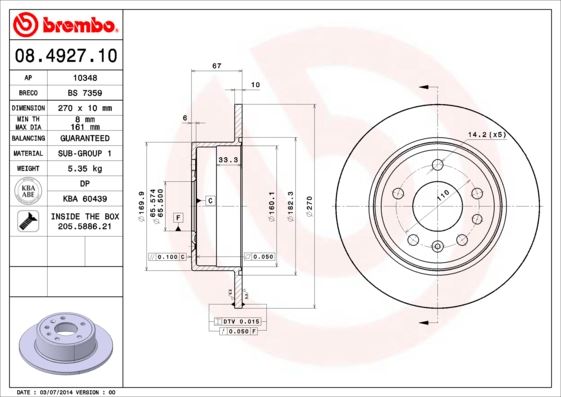 BREMBO 08492710 Arka Fren Aynasi Opel Omega A 86>94 Senator B 87>93 Dolu 270x66x5dl
