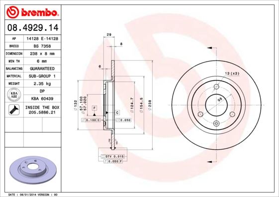 BREMBO 08492914 Ön Fren Aynasi P106 I Ii 91/02 Saxo 1.4 1.6 Vts 1.5d 96/9.03 Ax 86/98 3 Bijon 238x8x3dl