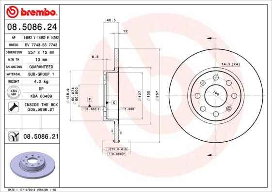 BREMBO 08508621 Ön Fren Aynasi Corsa D 1.0 Grande Punto 1.2 257x12x10x4dl Dolu