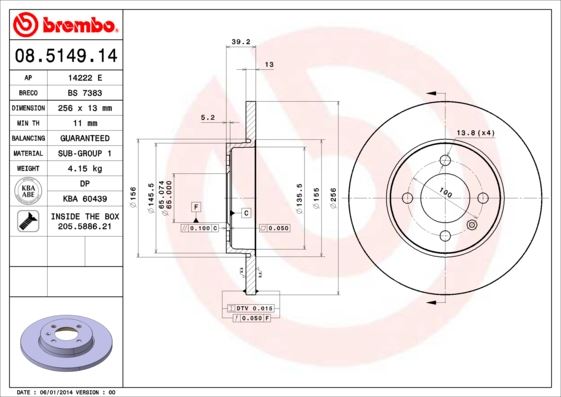 BREMBO 08514914 Ön Fren Aynasi Seat Inca 1.4i-1.6i-1.9d- Inca Kombi 1.9 D-Toledo 1.9 Tdi 95 >