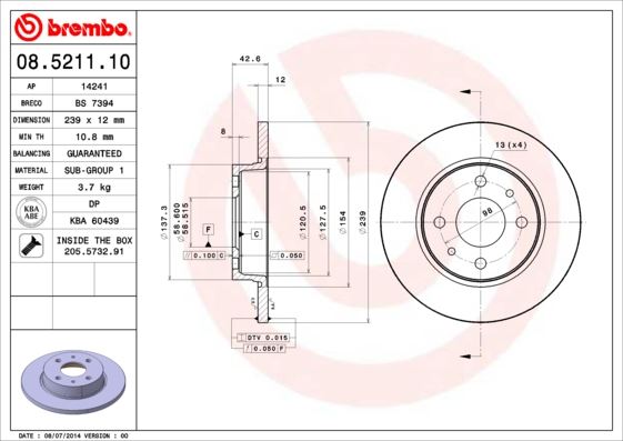 BREMBO 08521110 Fren Diski Ön Lada Samara 86>99 Vega 95>05 238.7x52.8x12