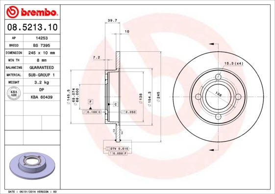 BREMBO 08521310 Fren Diski Arka Standard Audi