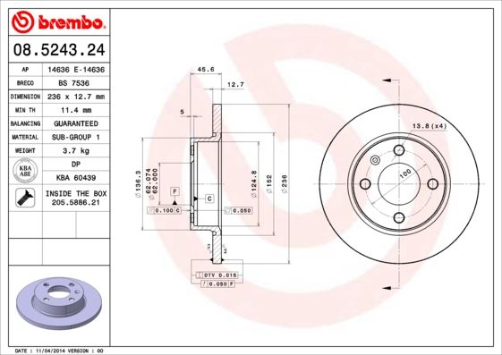 BREMBO 08524324 Ön Fren Aynasi Favorit 1.3-Felicia 1.1-1.3-1.6-1.9-Forman Caddy Ii 1.6-1.9d 96-00 236x13x4dl