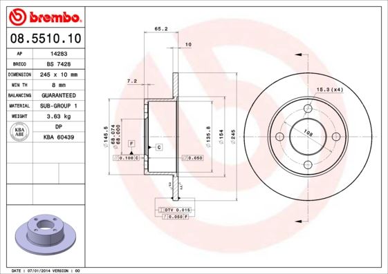 BREMBO 08551010 Fren Diski Arka Standard Audi