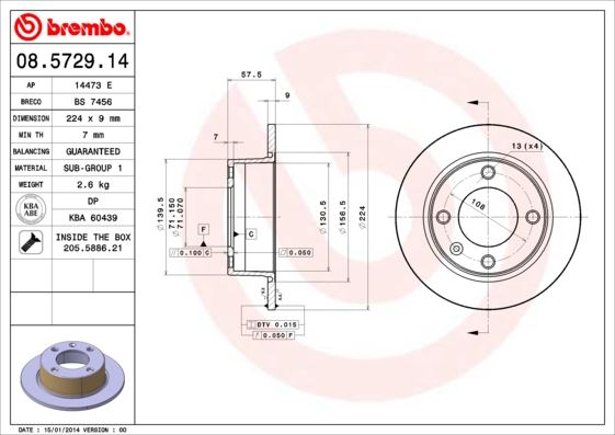 BREMBO 08572914 Arka Fren Aynasi Xantia 1.6i-1.8i-1.9d-1.9td- 2.0i-2.1td 93-03 224x9x4dl