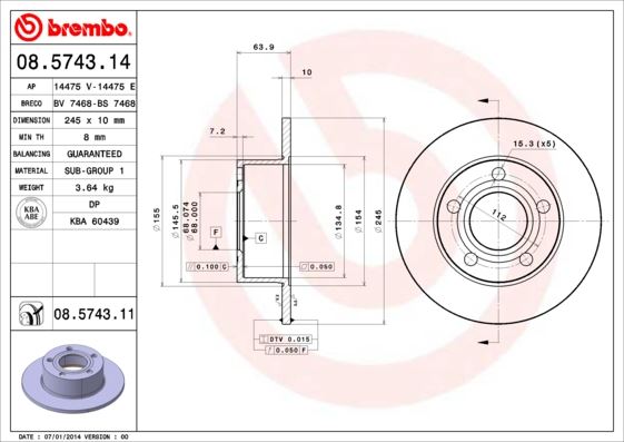 BREMBO 08574311 Arka Fren Aynasi Passat- 96-05 Audi100 90-94 A6 1.8t-1.9tdi 94-05 Superb 02-08 245x10x5dl 986478132-986479b22-Df2651