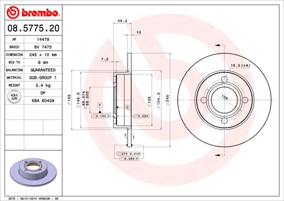 BREMBO 08577520 Fren Diski Arka Standard Audi