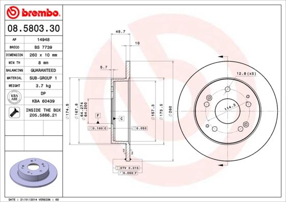 BREMBO 08580330 Arka Fren Diski Dolu Tip Honda Civic 1.6l D16v1 Hatcback Ep2 Kasa 01-05 / Civic Type-R 2.0l K20a 2 Ep3 Kasa 01-05 260 Çap X 5 Bijon - Adet Disk Fiyatıdır