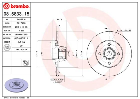 BRE-08.5833.15 Fren Diski Arka With Bearing Kit Renault