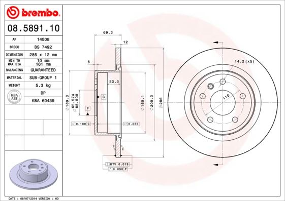BREMBO 08589110 Arka Fren Aynasi Omega B 2.0 24v 2.2 2.5td 3.0 V6 94/7.03 286mm 285.8x12x5dlxhavali