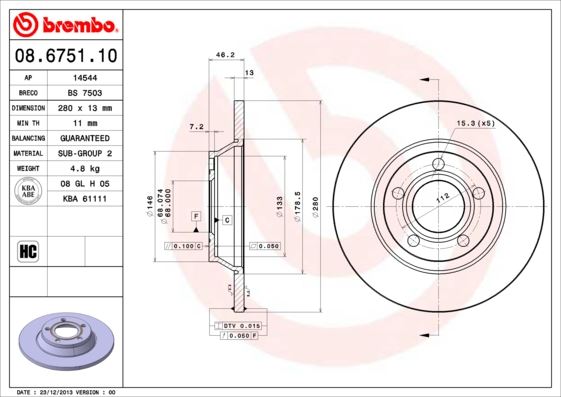 BREMBO 08675110 Ön Fren Aynasi Audi A4 1.6-1.9tdi 95/11.00 A4 Avant 1.6-1.8 20v-1.9tdi 95/9.01 280x13x5dl