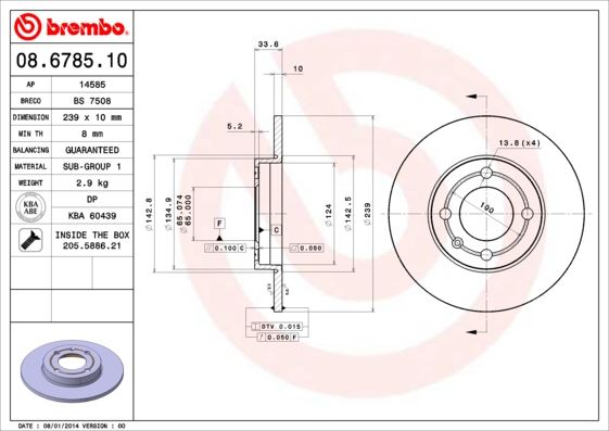 BREMBO 08678510 Ön Fren Aynasi Polo 1.0.1.3.1.4.1.6.1.9d 6n1 94-10.99 Arosa 97/6.04 239x10x4dl