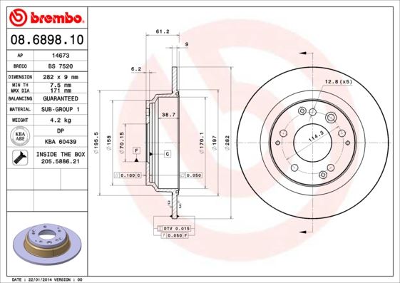 BREMBO 08689810 Fren Diski Arka Duz- 282-5 - Honda Legend 96>11/Shuttle 94>02