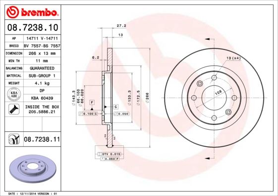 BREMBO 08723810 Ön Fren Aynasi C2 1.4 1.4 Hdi 03 >C3 1.4 1.4hdi 02 > Partner-Berlingo 1.4 1.9 D 2.0hdi 266x13x4dl