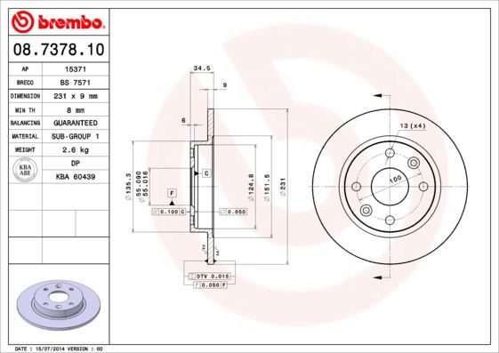 BREMBO 08737810 Fren Diski Arka Standard Mazda