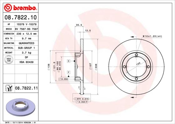 BREMBO 08782210 Ön Fren Diski Aynasi Chevrolet Spark 05> Matiz 05> 236x35x4 Dolu-Soğutmasiz