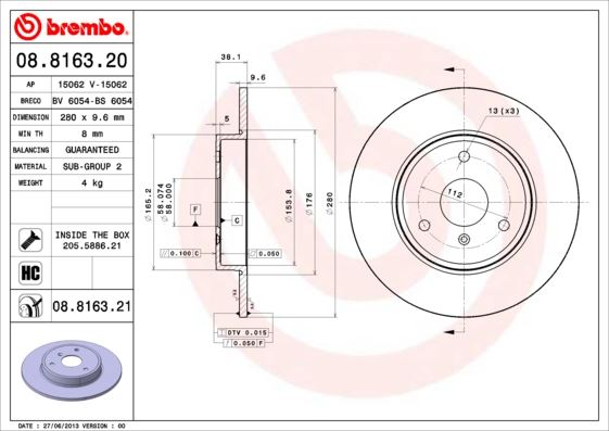 BREMBO 08816320 Fren Diski On Standard Smart