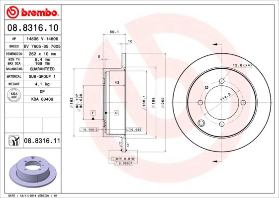 BREMBO 08831610 Arka Fren Diski Dolu Tip Mitsubishi Lancer 1.6l 4g18 Cs3a 03-08 262 Çap X 4 Bijon - Adet Disk Fi Yatıdır