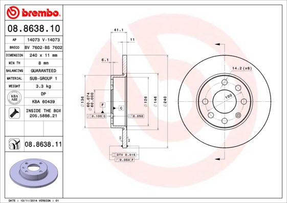 BREMBO 08863810 Ön Fren Aynasi Corsa C 1.0-1.2 16v 01>11 240x11x4dl Dolu