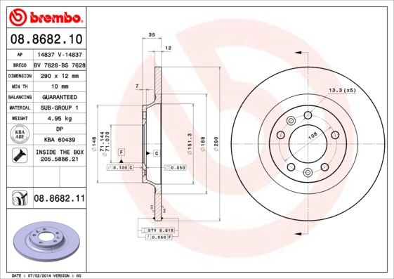 BREMBO 08868210 Arka Fren Aynasi P407 04>11 P508 10>18 P607 00>11 Rcz 10>15 C5 08>17 290x12x35x5dl Dolu