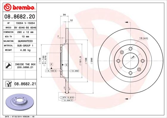 BREMBO 08868221 Arka Fren Aynasi P308 1.6gti 10 > P308 Cc 1.6thp 10 > C4 Ii 1.2thp-1.6thp 09 > Dolu 290x71x34.9
