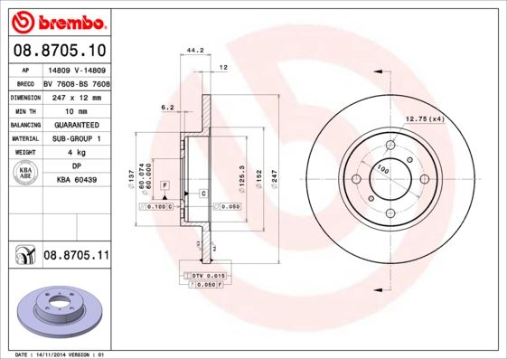 BREMBO 08870510 Ön Fren Aynasi Opel Agila 1.0 1.2 16v 1.3 Cdti Twinport 00 > Suzuki Wagon R 1.3 4wd 00 > Dolu 247 X12x4dl