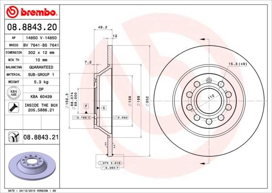 BREMBO 08884321 Arka Fren Aynasi Audi A6 4b.C5 3.0 Quattro 07/04 > A6 4f2 2.0 Tdi 07/04 > 302x11.7x9dl 986479257-Df4434