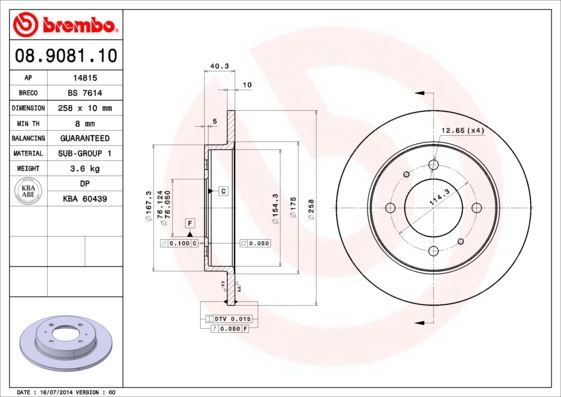 BREMBO 08908110 Arka Fren Diski Dolu Tip Hyundai Elantra 1.6l G4gr G4ed 96-06 258 Çap X 4 Bijon - Adet Disk Fiya Tıdır