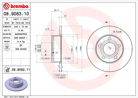 BREMBO 08908311 Arka Fren Aynasi A6 1.8t Quattro/2.4 Quattro/2.7 T Quattro/2.8 Quattro/S6 Quattro/2.5tdi Quattro 97-
