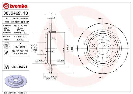 BREMBO 08946211 Arka Fren Disk Ayna Volvo S70 96>00 V70 96>00 Xc70 99>04