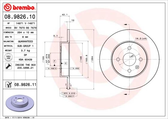 BREMBO 08982610 Arka Fren Aynasi Astra H L67 04>14 Combo C 01>11 Meriva A 03>10 264x10x4dl Dolu