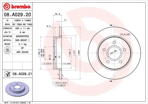 BREMBO 08A02920 Arka Fren Disk Aynasi Focus Ii 04>C Max 07>1.6ti 16v 1.6tdci 1.8 Mazda Iii 03> Olcu 265 11 5 Bijon